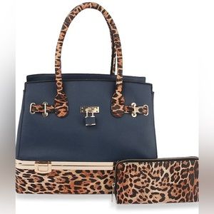 Blue Faux Leather Tote Handbag and Wallet Set